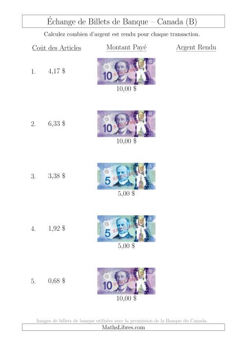 Échange de Billets de Banque Canadiens Jusqu'à 10 $ (B)