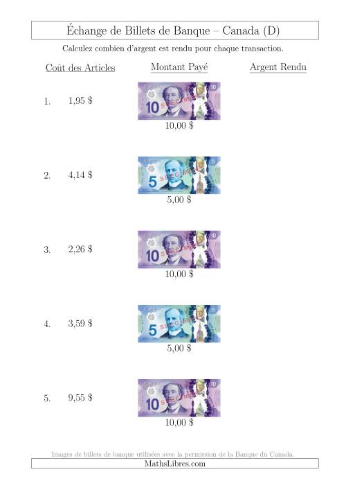 Échange de Billets de Banque Canadiens Jusqu'à 10 $ (D)