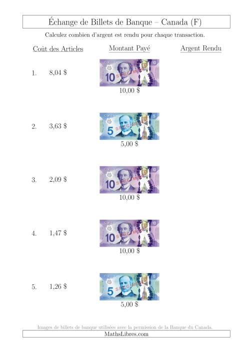 Échange de Billets de Banque Canadiens Jusqu'à 10 $ (F)