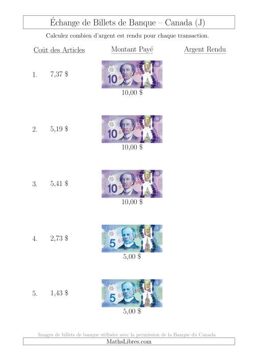 Échange de Billets de Banque Canadiens Jusqu'à 10 $ (J)