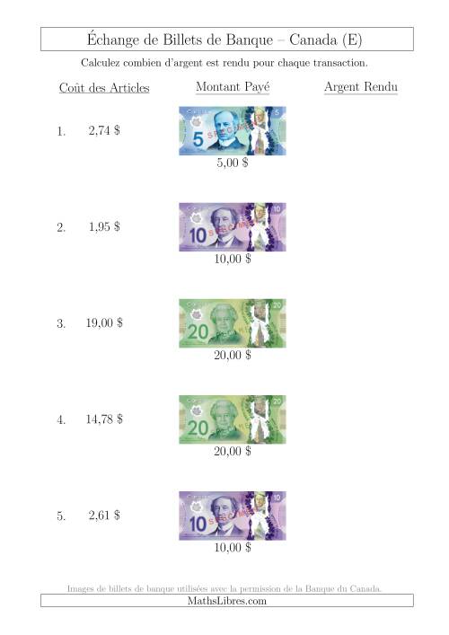 Échange de Billets de Banque Canadiens Jusqu'à 20 $ (E)