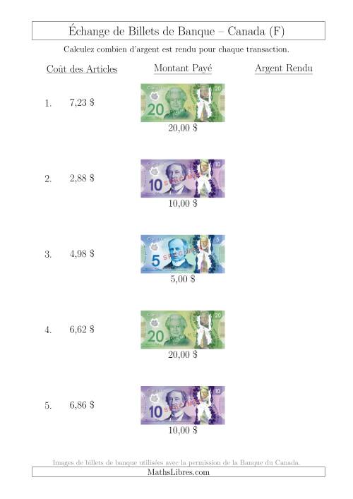 Échange de Billets de Banque Canadiens Jusqu'à 20 $ (F)