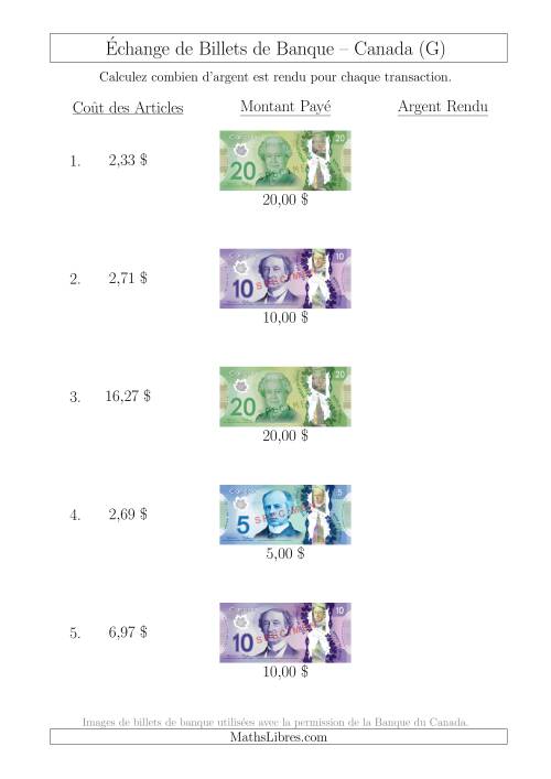 Échange de Billets de Banque Canadiens Jusqu'à 20 $ (G)
