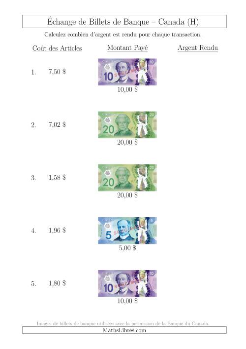 Échange de Billets de Banque Canadiens Jusqu'à 20 $ (H)