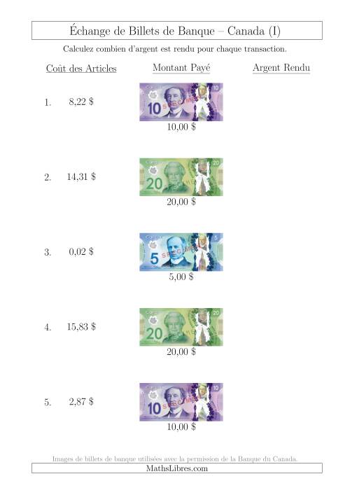 Échange de Billets de Banque Canadiens Jusqu'à 20 $ (I)