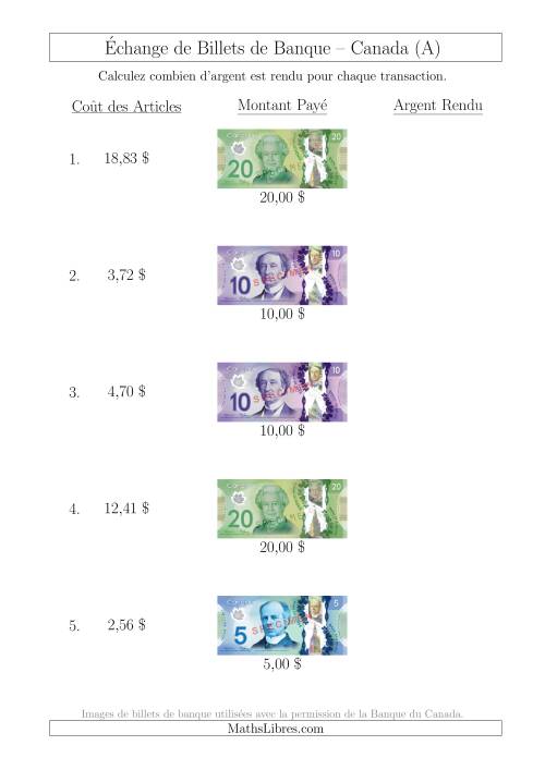 Échange de Billets de Banque Canadiens Jusqu'à 20 $ (Tout)