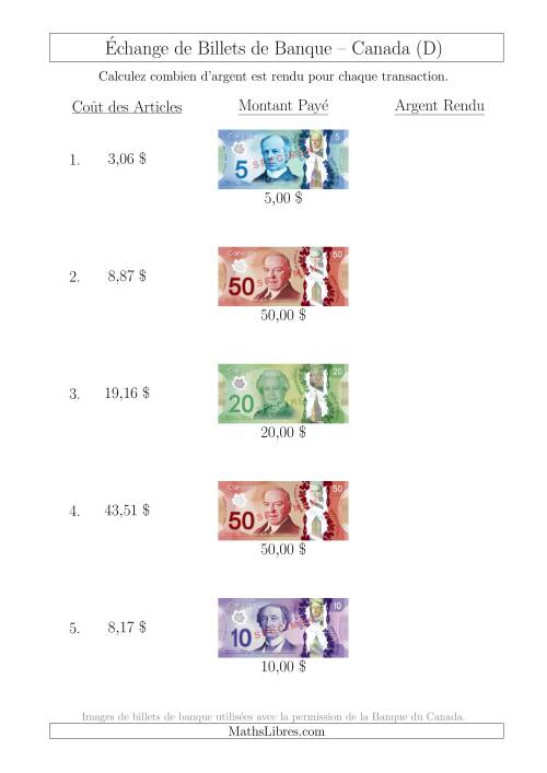 Échange de Billets de Banque Canadiens Jusqu'à 50 $ (D)