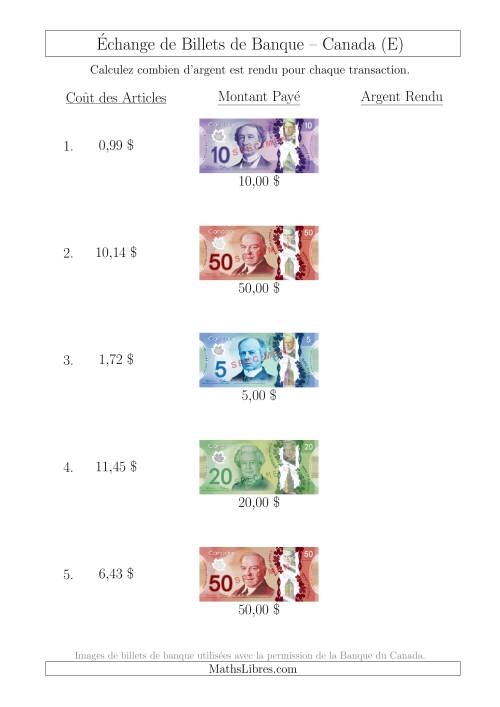 Échange de Billets de Banque Canadiens Jusqu'à 50 $ (E)