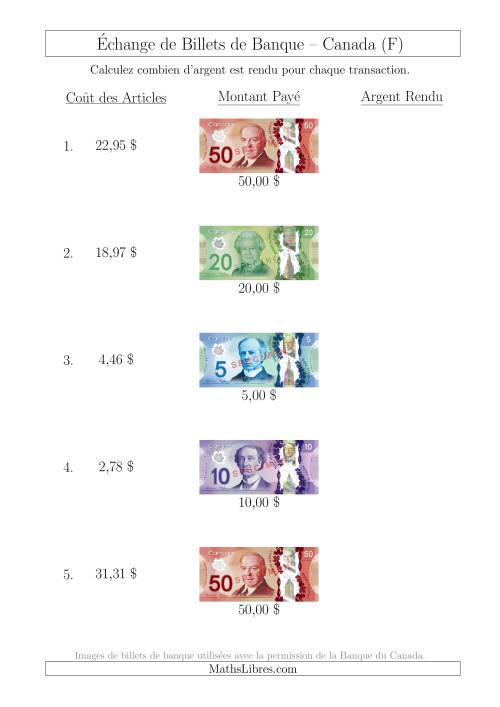 Échange de Billets de Banque Canadiens Jusqu'à 50 $ (F)