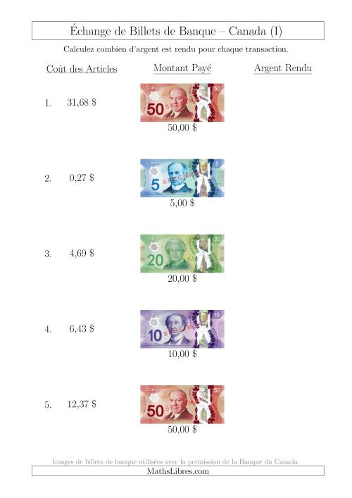 Échange de Billets de Banque Canadiens Jusqu'à 50 $ (I)