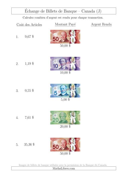 Échange de Billets de Banque Canadiens Jusqu'à 50 $ (J)