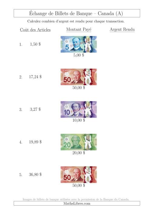 Échange de Billets de Banque Canadiens Jusqu'à 50 $ (Tout)