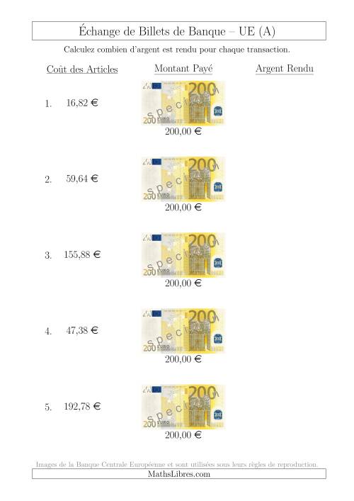 Échange de Billets de Banque UE de 200 € (A)