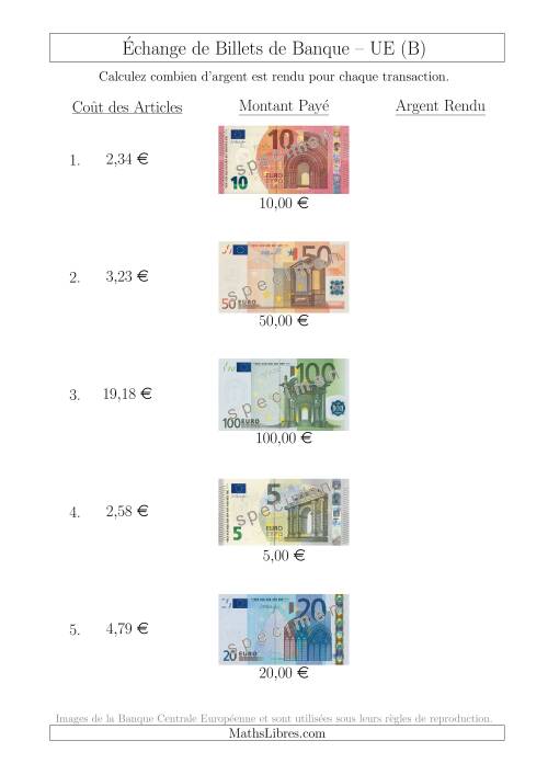 Échange de Billets de Banque UE Jusqu’à 100 € (B)