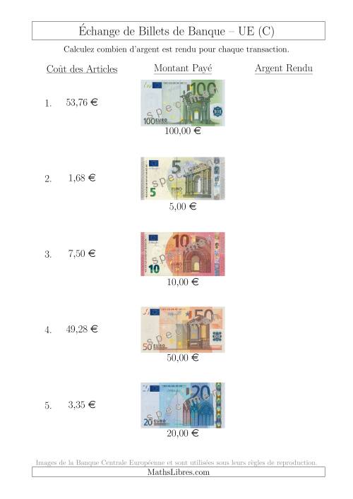 Échange de Billets de Banque UE Jusqu’à 100 € (C)