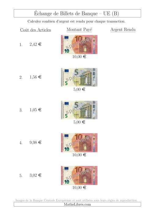 Échange de Billets de Banque UE Jusqu’à 10 € (B)