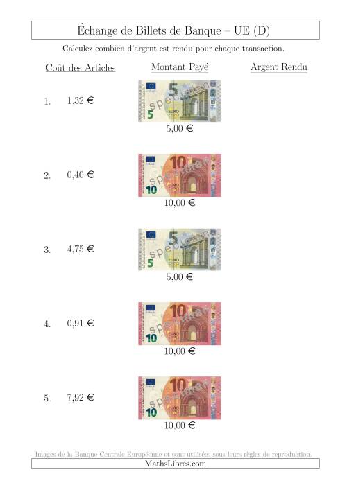 Échange de Billets de Banque UE Jusqu’à 10 € (D)