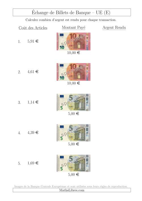 Échange de Billets de Banque UE Jusqu’à 10 € (E)