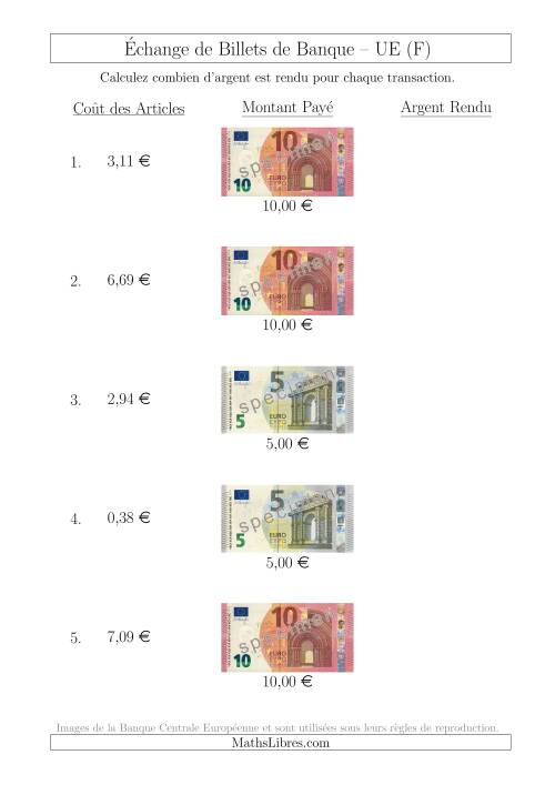 Échange de Billets de Banque UE Jusqu’à 10 € (F)