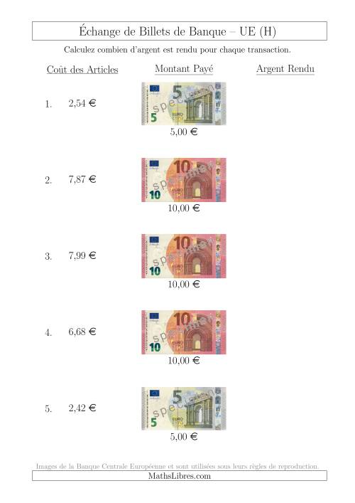 Échange de Billets de Banque UE Jusqu’à 10 € (H)