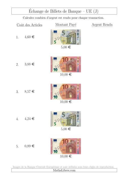Échange de Billets de Banque UE Jusqu’à 10 € (J)