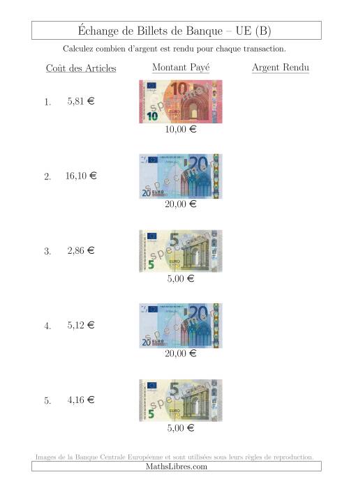 Échange de Billets de Banque UE Jusqu’à 20 € (B)