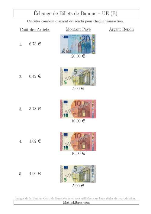 Échange de Billets de Banque UE Jusqu’à 20 € (E)