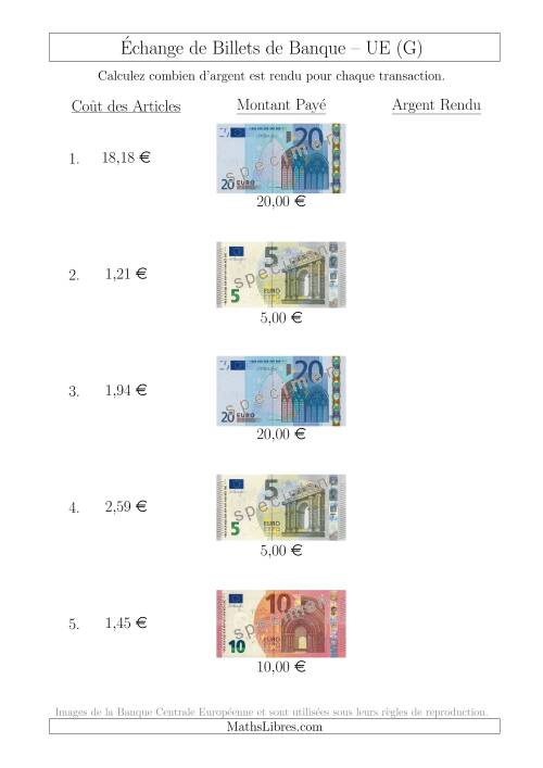 Échange de Billets de Banque UE Jusqu’à 20 € (G)