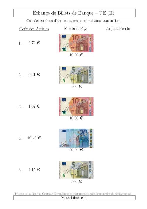 Échange de Billets de Banque UE Jusqu’à 20 € (H)