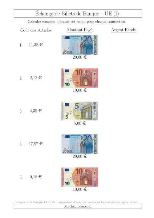 Échange de Billets de Banque UE Jusqu’à 20 € (I)