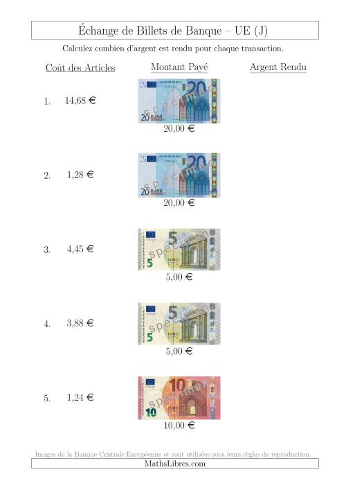 Échange de Billets de Banque UE Jusqu’à 20 € (J)