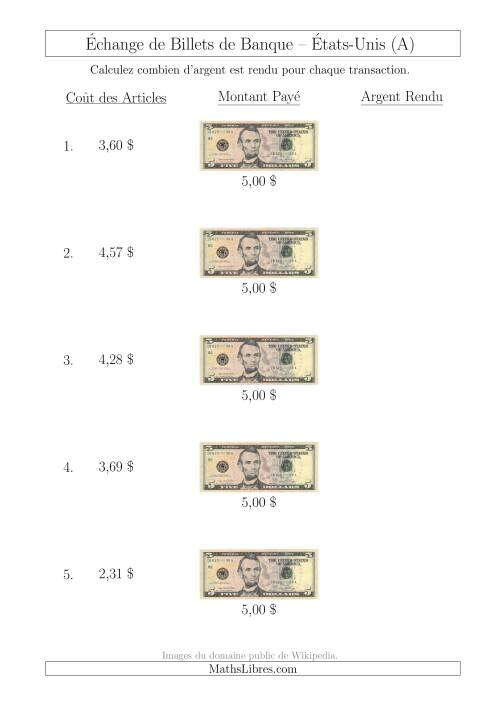 Échange de Billets de Banque Américains de 5 $ (A)