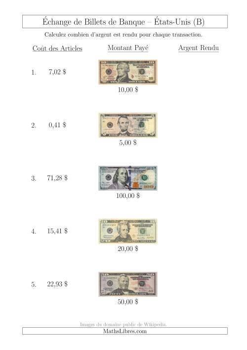 Échange de Billets de Banque Américains Jusqu'à 100 $ (B)