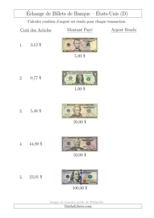 Échange de Billets de Banque Américains Jusqu'à 100 $ (D)