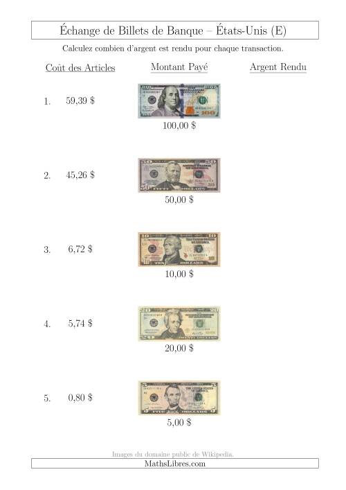 Échange de Billets de Banque Américains Jusqu'à 100 $ (E)