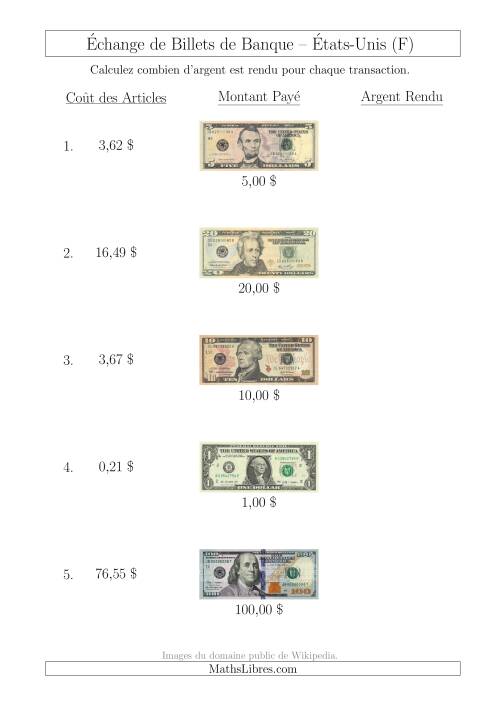 Échange de Billets de Banque Américains Jusqu'à 100 $ (F)
