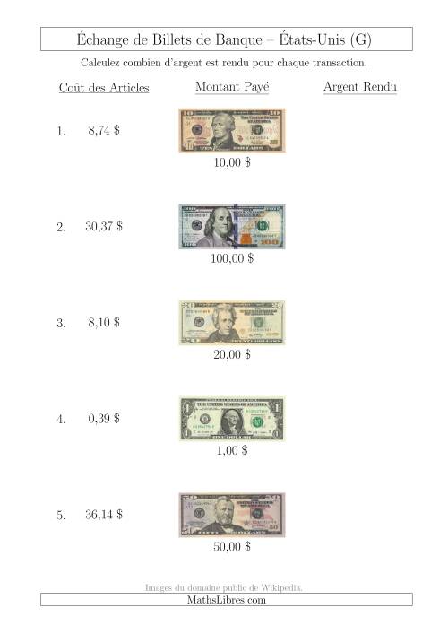 Échange de Billets de Banque Américains Jusqu'à 100 $ (G)