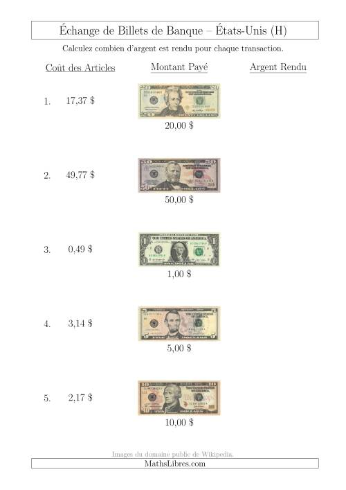 Échange de Billets de Banque Américains Jusqu'à 100 $ (H)