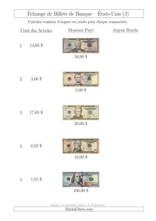 Échange de Billets de Banque Américains Jusqu'à 100 $ (J)