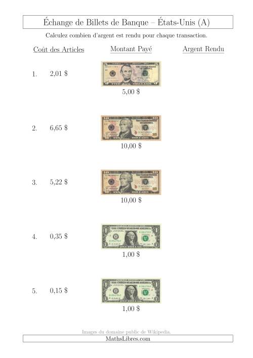 Échange de Billets de Banque Américains Jusqu'à 10 $ (A)