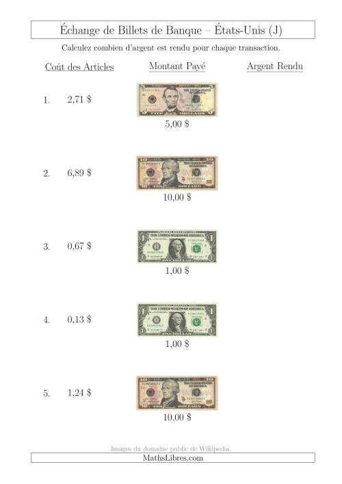 Échange de Billets de Banque Américains Jusqu'à 10 $ (J)