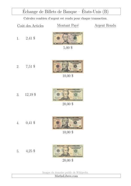 Échange de Billets de Banque Américains Jusqu'à 20 $ (B)