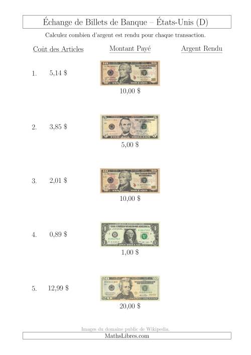 Échange de Billets de Banque Américains Jusqu'à 20 $ (D)