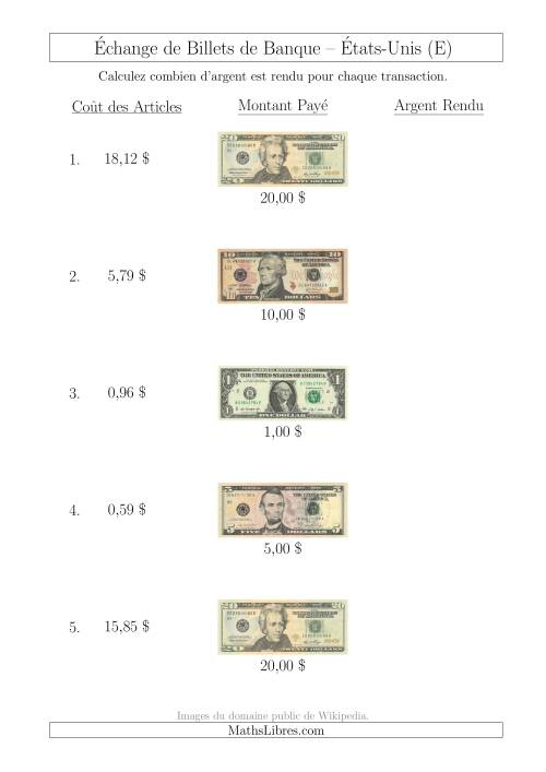 Échange de Billets de Banque Américains Jusqu'à 20 $ (E)