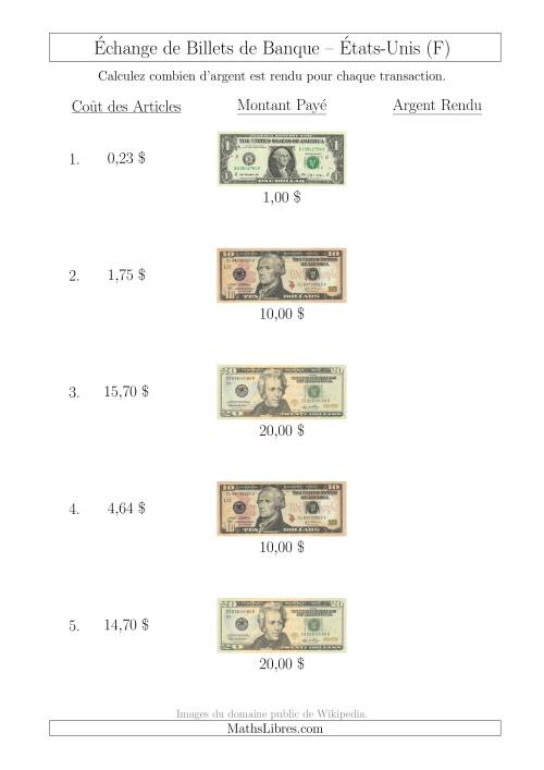 Échange de Billets de Banque Américains Jusqu'à 20 $ (F)