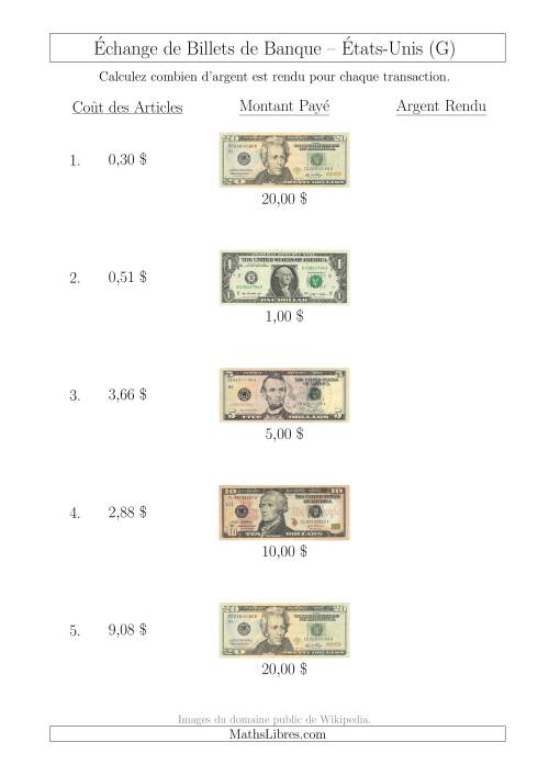 Échange de Billets de Banque Américains Jusqu'à 20 $ (G)