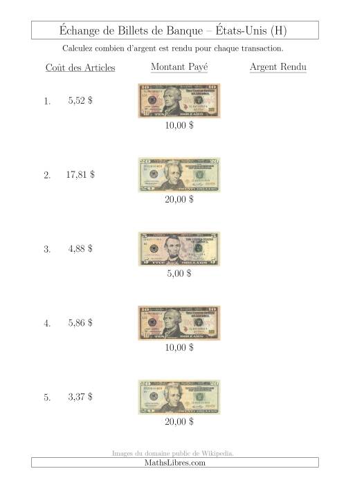 Échange de Billets de Banque Américains Jusqu'à 20 $ (H)