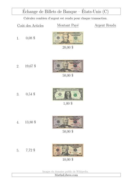 Échange de Billets de Banque Américains Jusqu'à 50 $ (C)