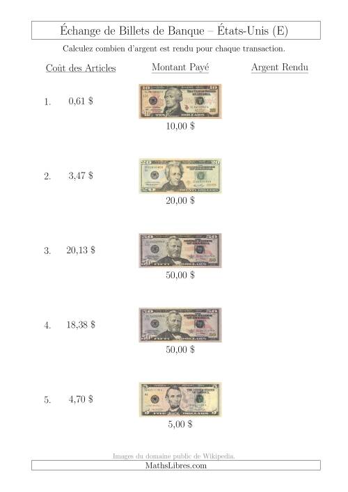 Échange de Billets de Banque Américains Jusqu'à 50 $ (E)