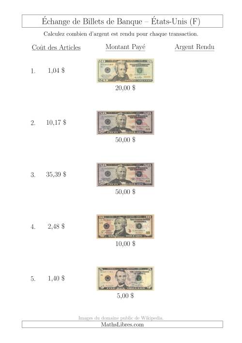Échange de Billets de Banque Américains Jusqu'à 50 $ (F)